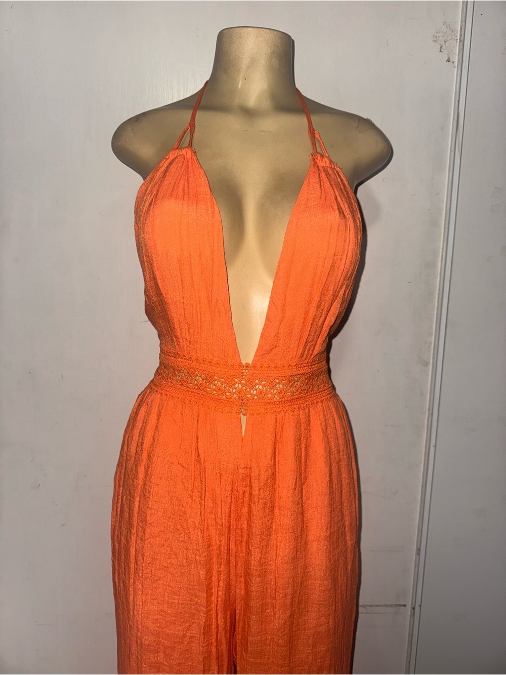 Miss Avenue Orange Halter Deep-V Wide Leg Jumpsuit